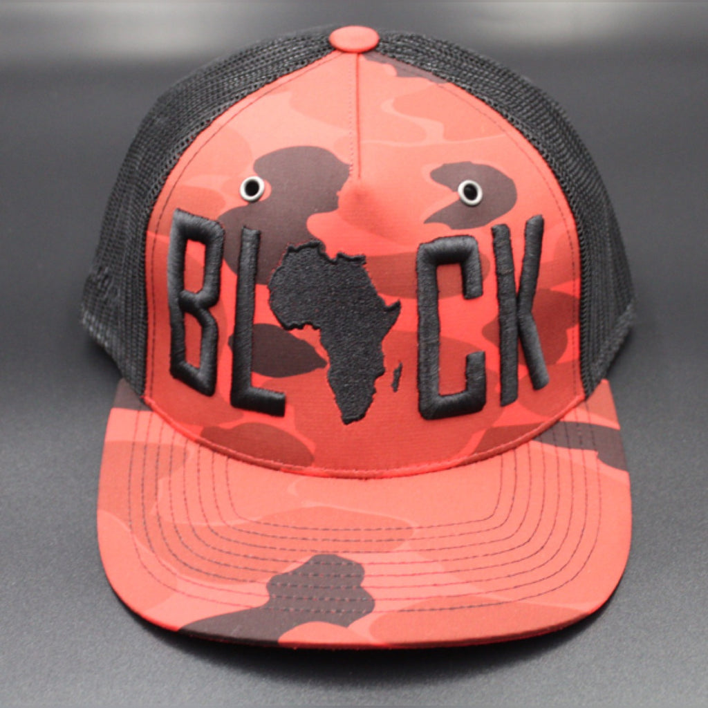 BLACK TRUCKER HAT (RED)