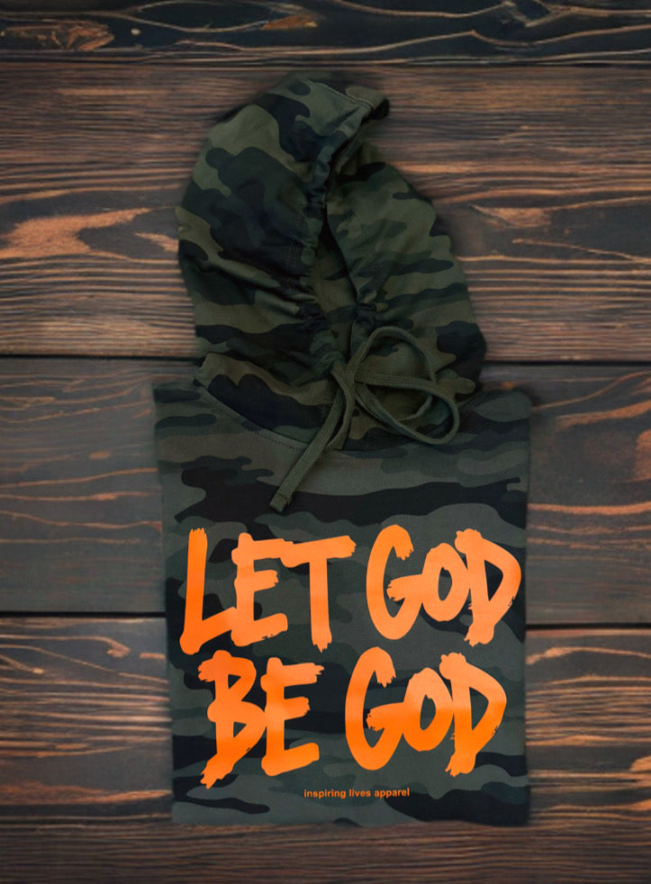 LET GOD BE GOD CAMO HOODIE (ORANGE LOGO)